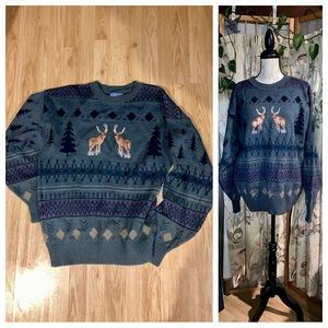 Vintage Pendleton 80s 90s Deer Buck Antlers Embroidered Wool Sweater Large